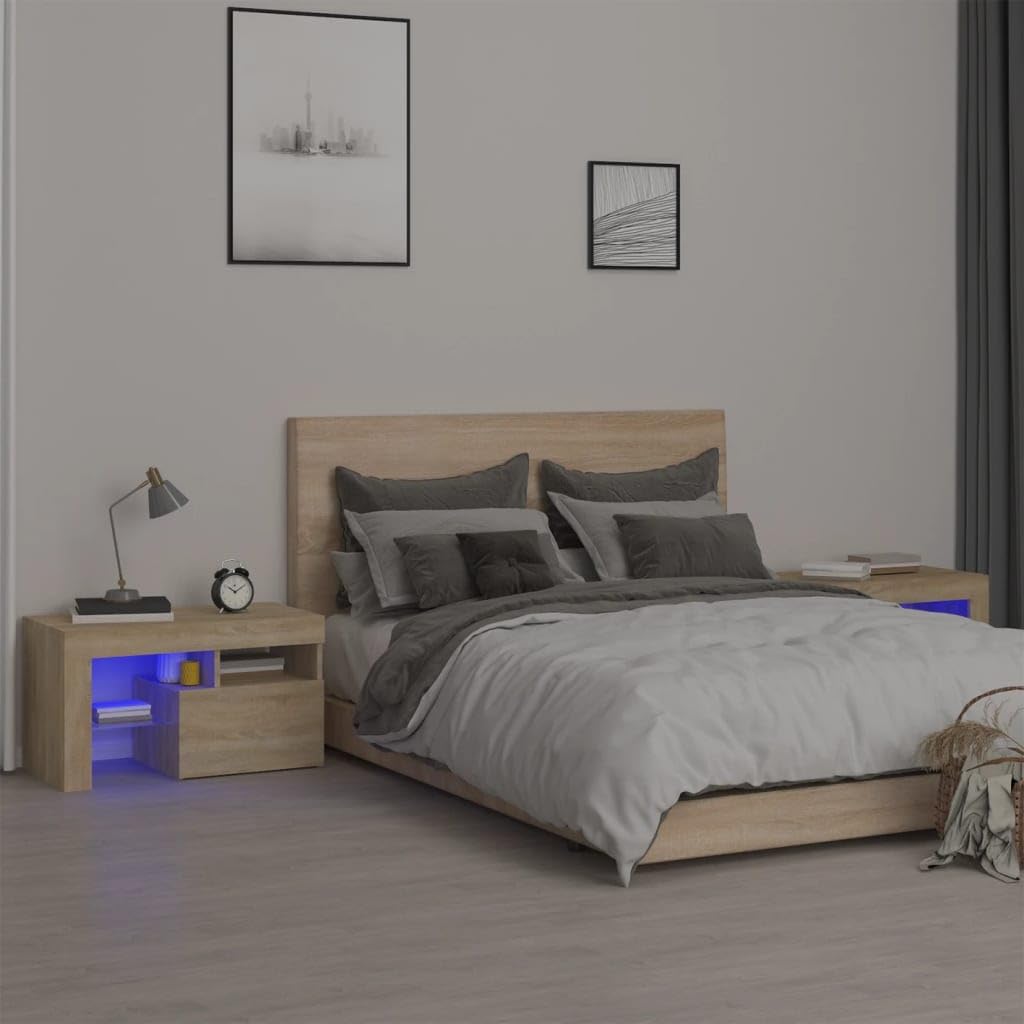 vidaXL 2X Bedside Cabinets with LED Lights Home Indoor Bedroom Nightstand Bed Telephone Stand End Side Table Cabinet Furniture Sonoma Oak